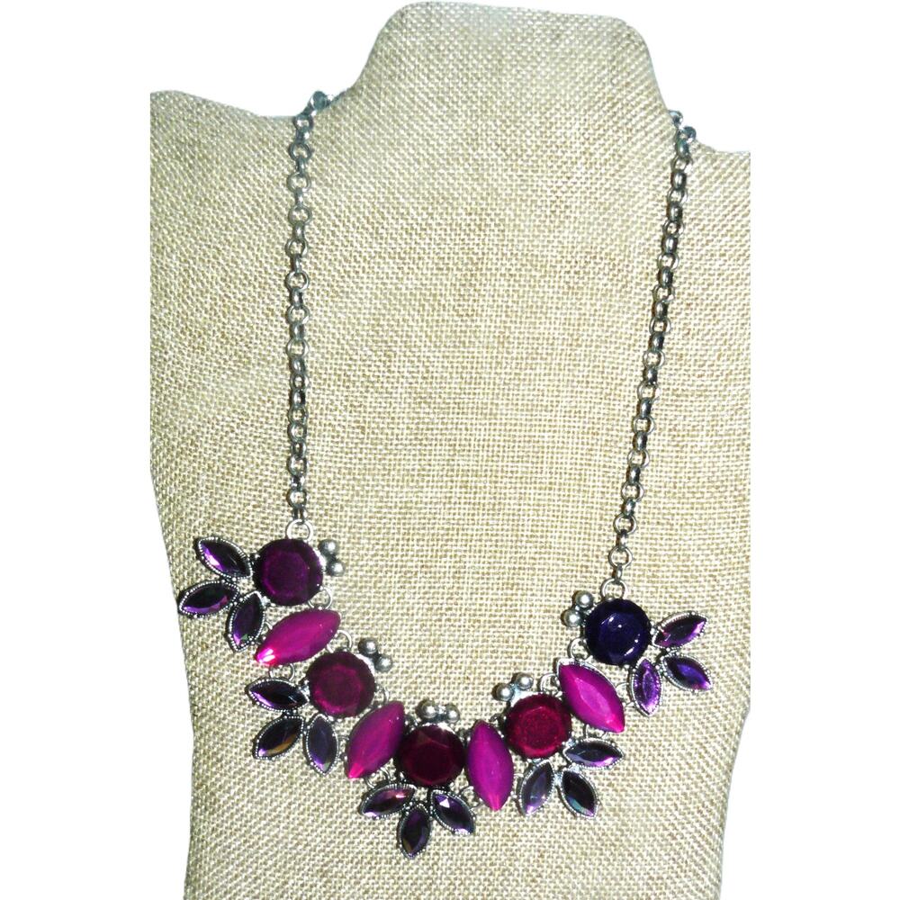 Statement Silver Tone Necklace Acrylic Purple & Red Gemstones Adj Chain Clasp